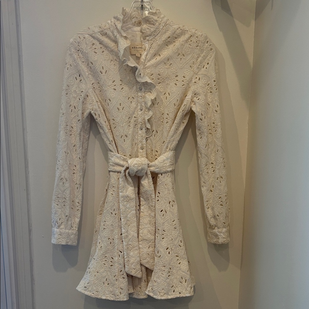 Sezane Marly Short Ivory Embroidered Dress